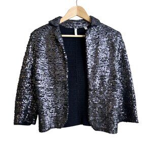 IISLI Tiffany Full Sequin Crochet Cropped Jacket Blazer Steel Navy Blue Size 10